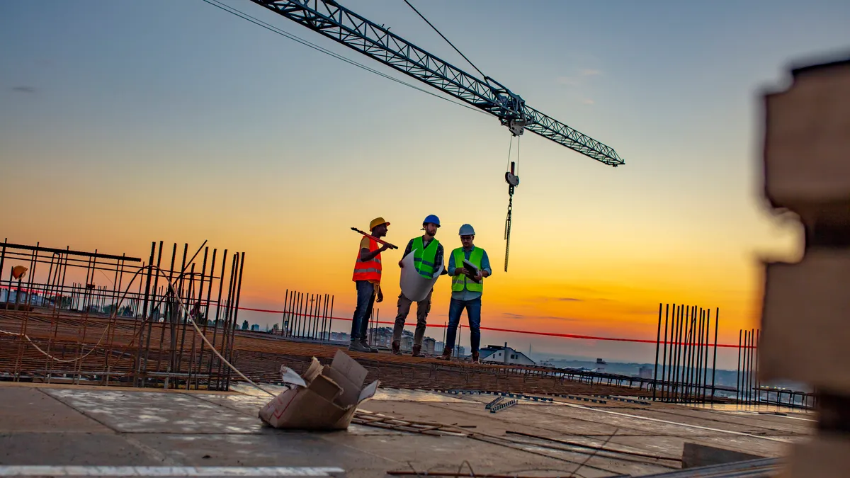 Three construction workers look at plans on a jobsite.