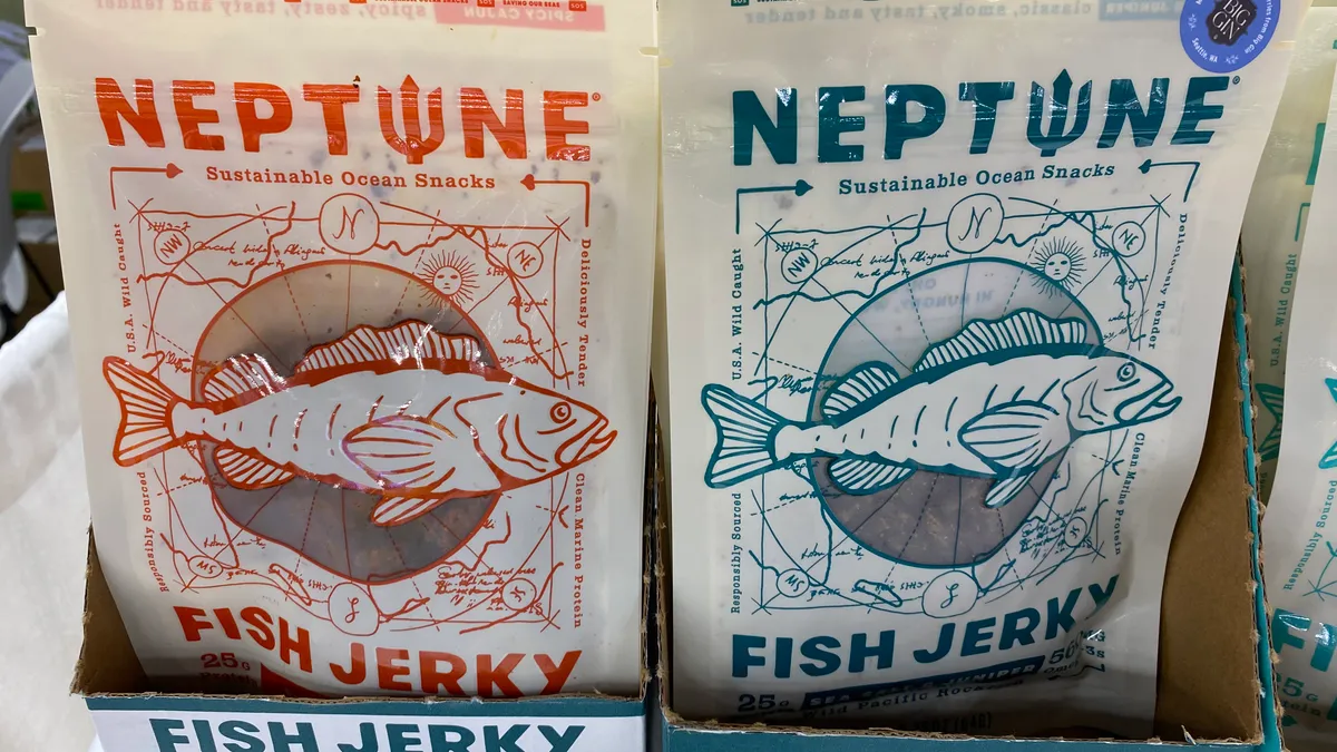 Packages of Neptune's fish jerky at the Sweets & Snacks Expo in Indianapolis in 2024.