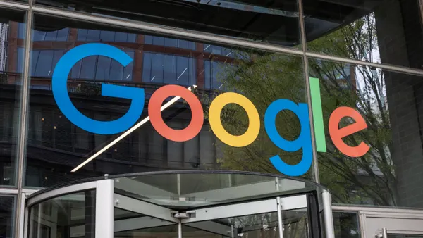 Google logo on an entrance to the Fulton Market building in Chicago.