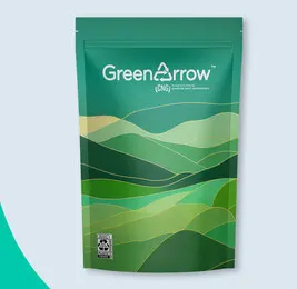 A plastic pouch with various green shades and white lettering on the surface.