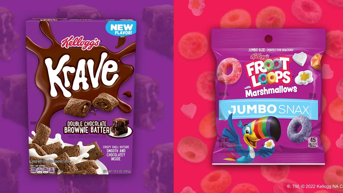 A purple box of Krave Double Chocolate Brownie Batter on a purple background on the right, and a purple pouch of Froot Loops with Marshmallows Jumbo Snax on a magenta background on the right.