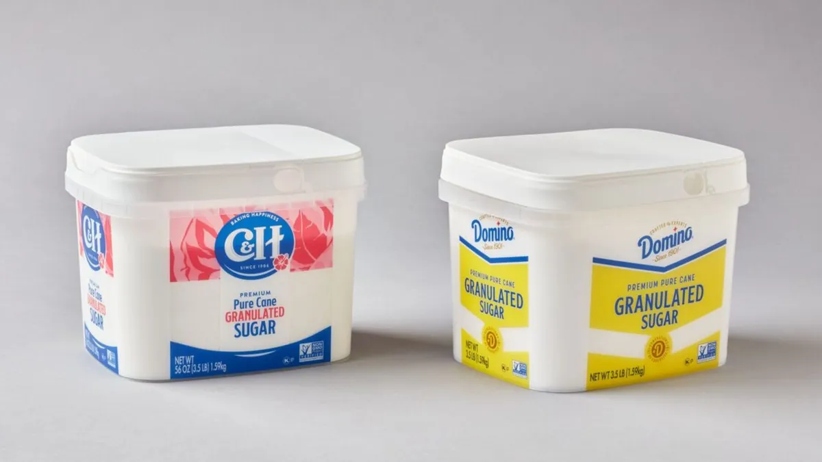 Domino and C&H sugar in rectangular plastic tubs