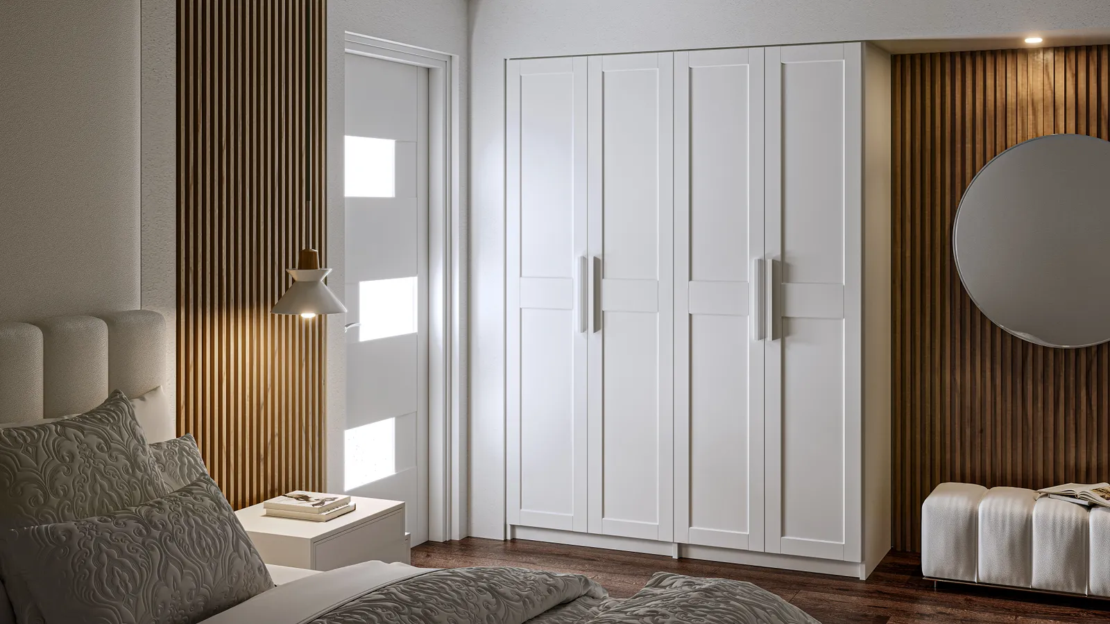 A bedroom with closet modules with white doors.