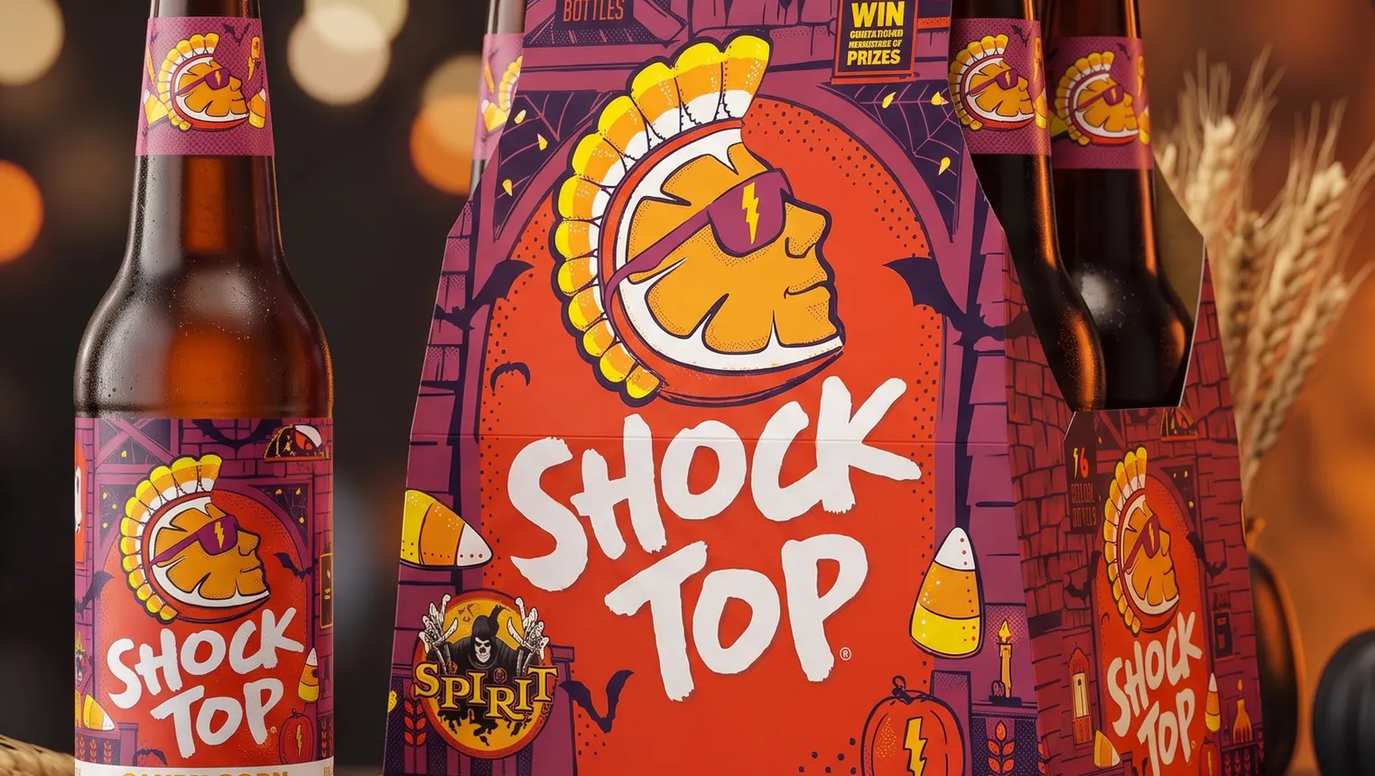 A bottle next to a six pack of Spirit Halloween and Shock Top's collaboration beer.