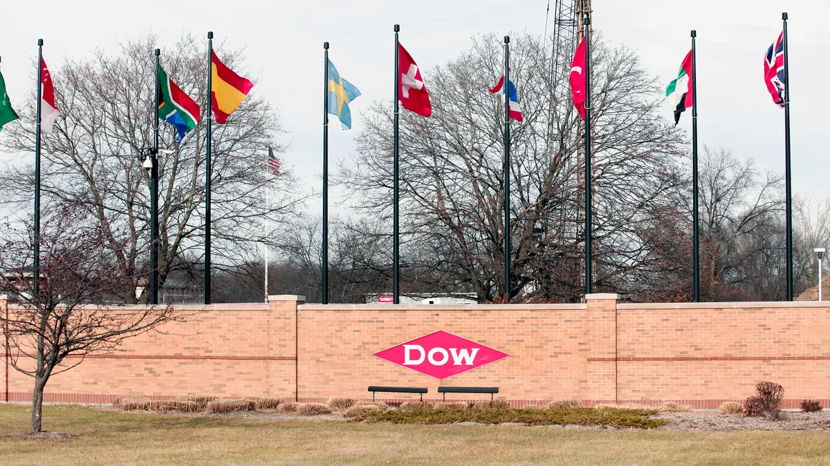 The Dow logo is shown on a wall at its corporate headquarters.