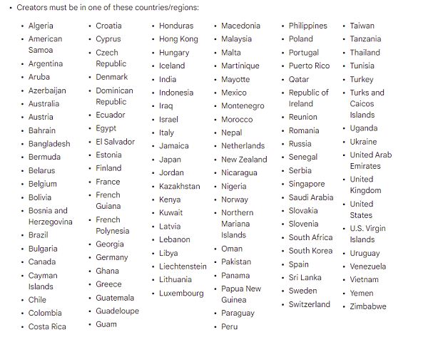 YouTube Shorts eligible countries