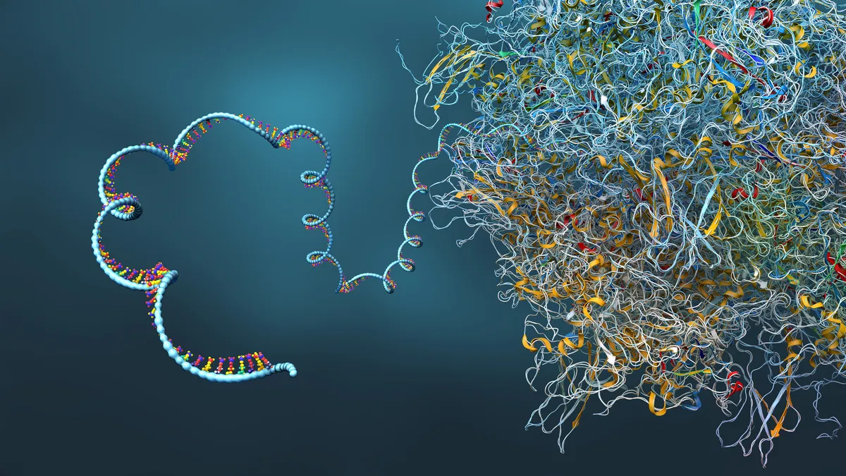 A 3D illustration of a ribosome as part of an biological cell constructing a messenger RNA molecule.