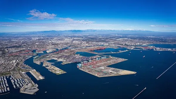 An aereal shot of the San Pedro Bay ports, Port of Los Angeles and Port of Long Beach, provided in a news release on Oct. 26, 2021.