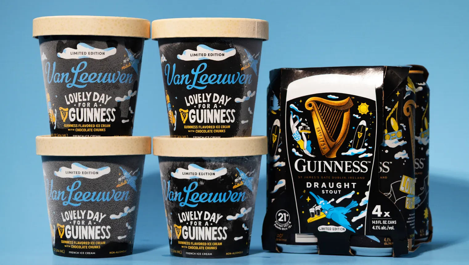 Packages of Guinness Van Leeuwen ice cream.