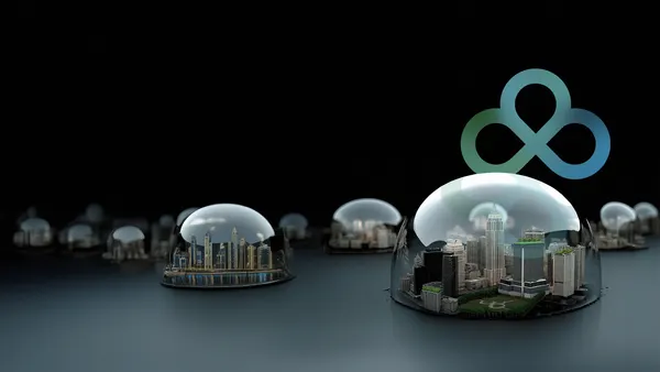 A graphic image of city skylines inside of domes.