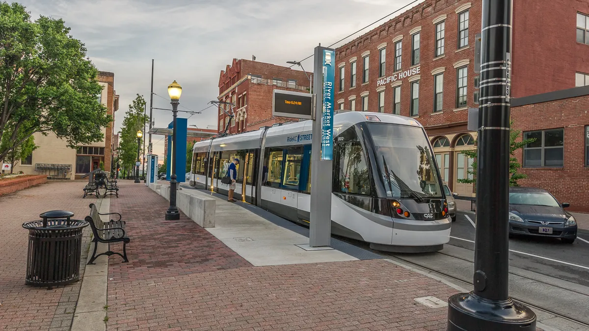 A Kansas City streetcar at the River Market West stop.