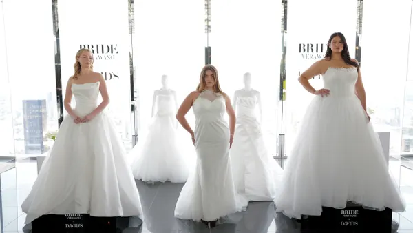 Models pose during NY Fashion Week in David's Bridal gowns on April 06, 2026 in NYC