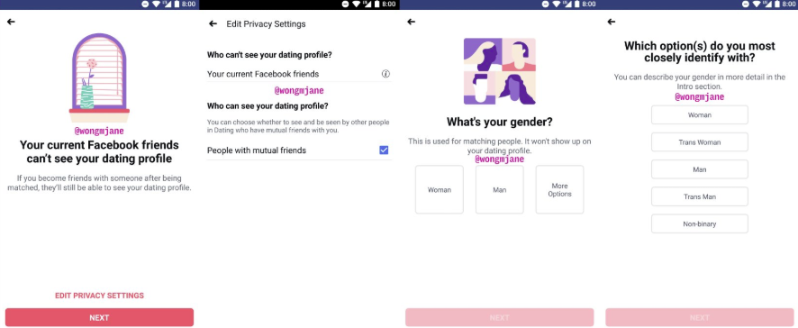 Screenshots of Facebook Dating