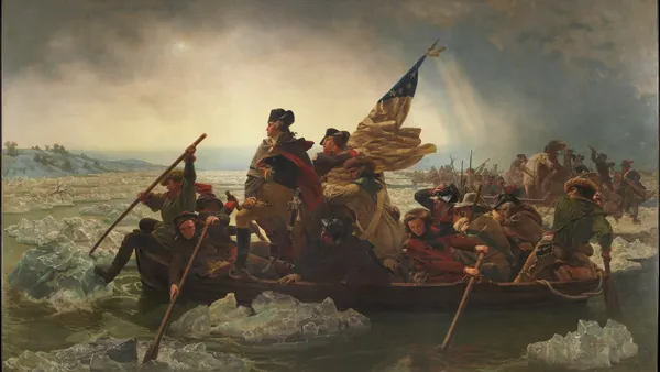 This is a painting of George Washington and his men crossing the Delaware River during the Revolutionary War, created by Emanuel Leutze in 1851.