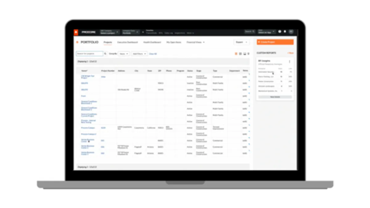 A computer positioned on a white background, with fields for payments on the screen. The product is a Procore product.