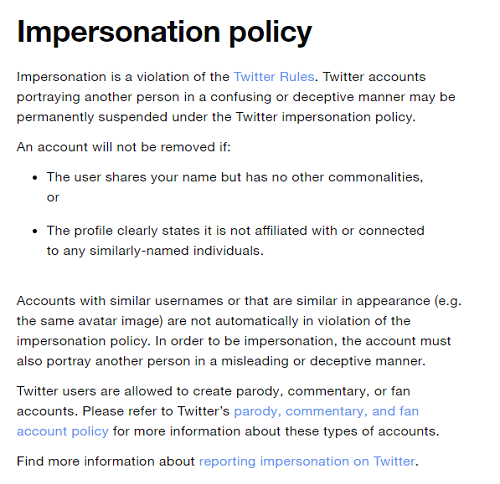 Twitter impersonation policy