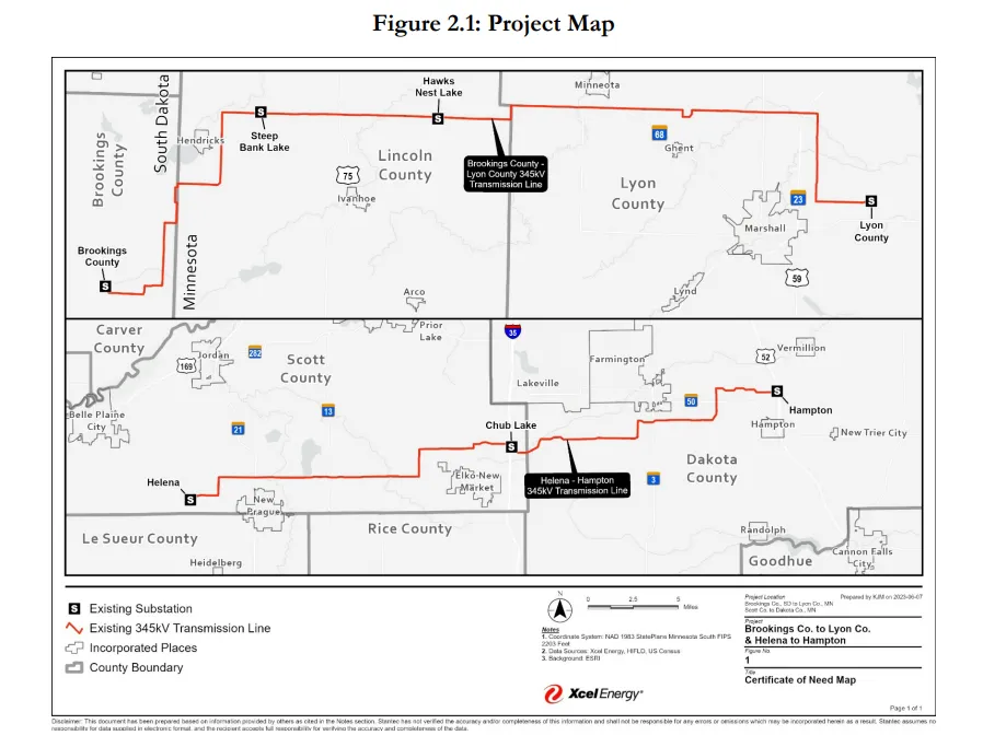 Map shows Xcel's plan to upgrade the Brookings County-Hampton transmission line in Minnesota and South Dakota.