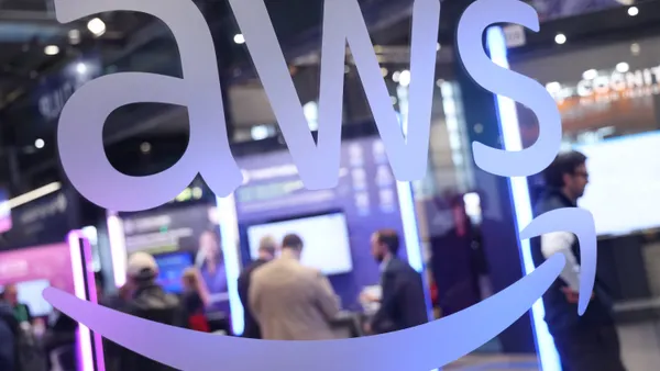 The AWS Amazon Web Services pavilion stands are seen at the 2025 Hannover Messe industrial trade fair on March 31, 2025 in Hanover, Germany.