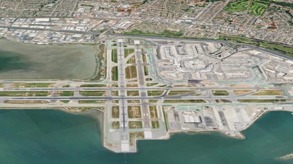 An aerial view shows San Francisco International Airport.