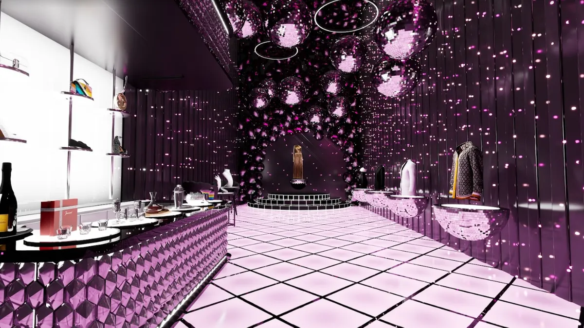 A rendering of Bloomingdale's virtual store. Sparkly lights are all around. Shelves on the left and right are full of virtual products.