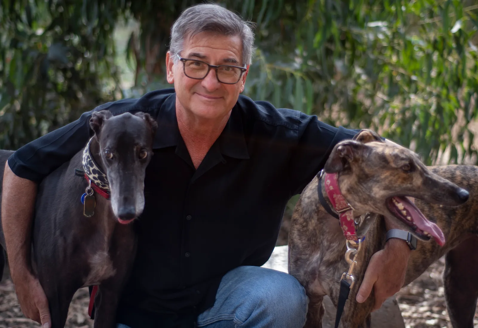 A man sits with his dogs