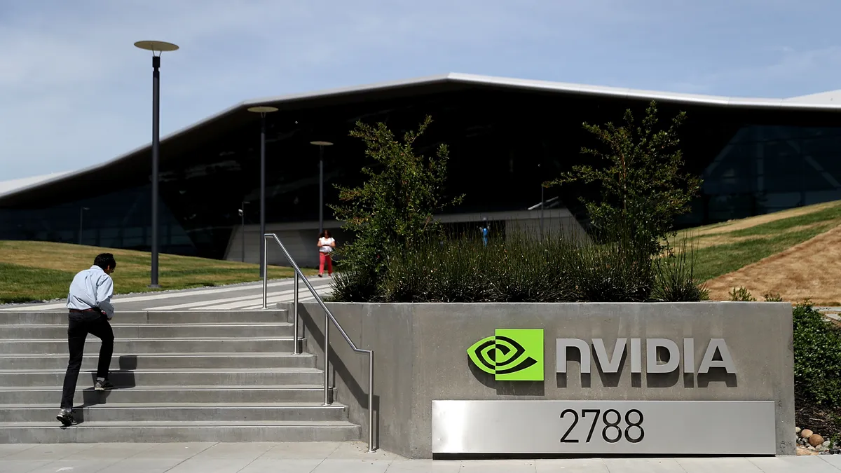 A sign is posted in front of the Nvidia headquarters on May 10, 2018 in Santa Clara, California.