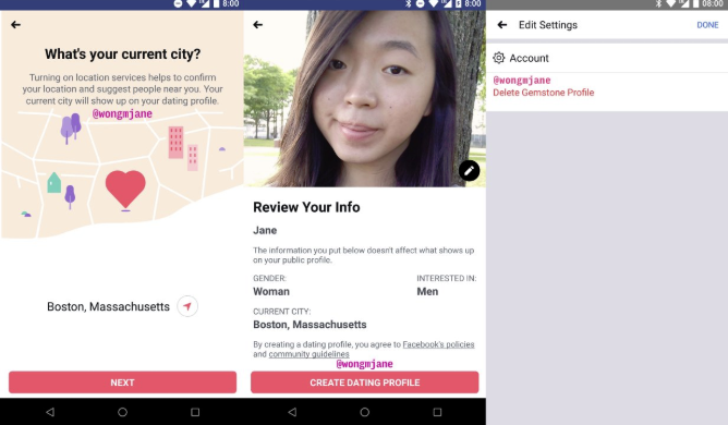 Screenshots of Facebook Dating