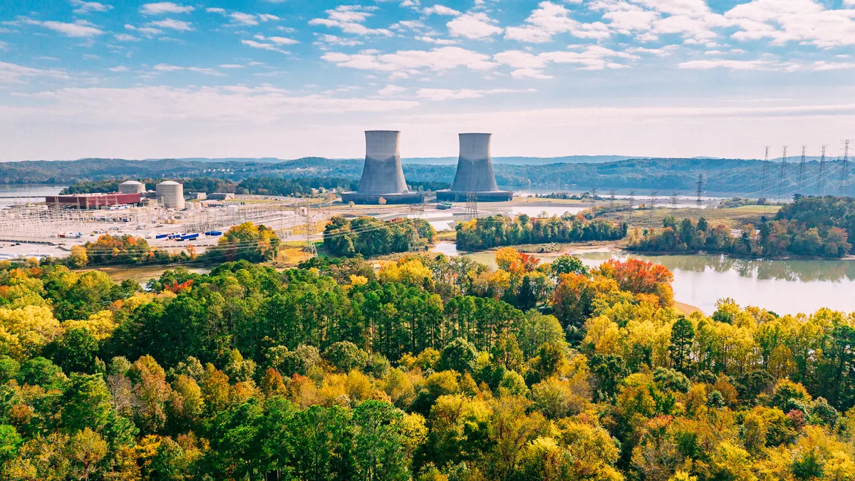 Vibrant Colored Image of two cooling towers of a nuclear power facility in Tennessee, USA on a Sunny Autumn Day.