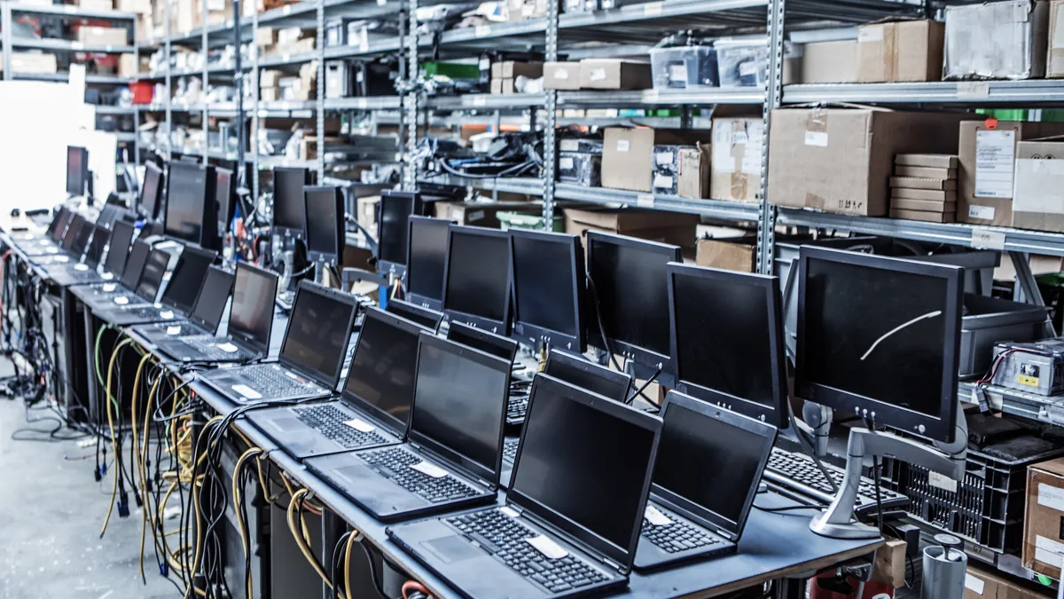 A warehouse storage of second hand, recycled, refurbished laptop computers and other technical equipment