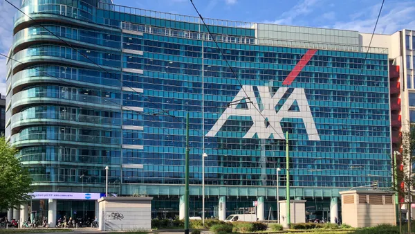 Headquarters of the French insurance and investment company AXA in Milan on April 28, 2023.
