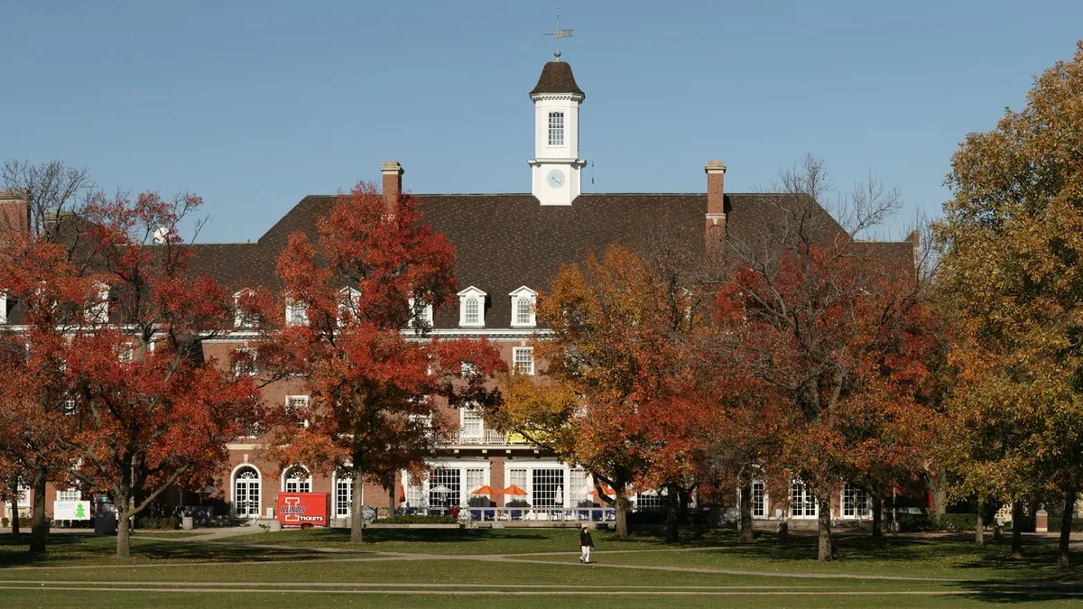 Main campus and quad at University of Illinois at Urbana-Champaign, with the Illini Union building in the background.