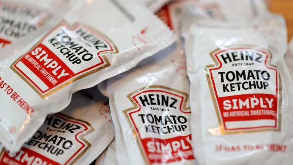Packets of Heinz ketchup are displayed with Burger King french fries on April 12, 2021 in San Anselmo, California.