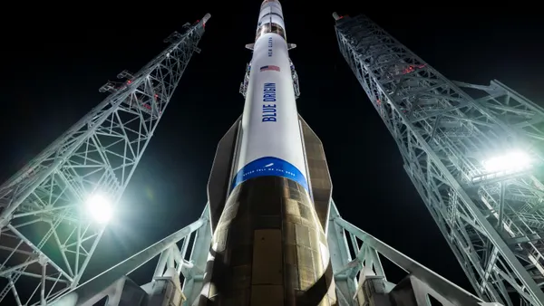 Blue Origin's New Glenn orbital rocket sits on a launch pad at LC-36 ahead of the N-3 mission on April 12, 2026.
