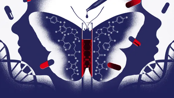 A illustration of a test tube in front of butterfly wings with molecule shaped wing structure. The butterfly is centered between two profile faces with floating DNA and pills.