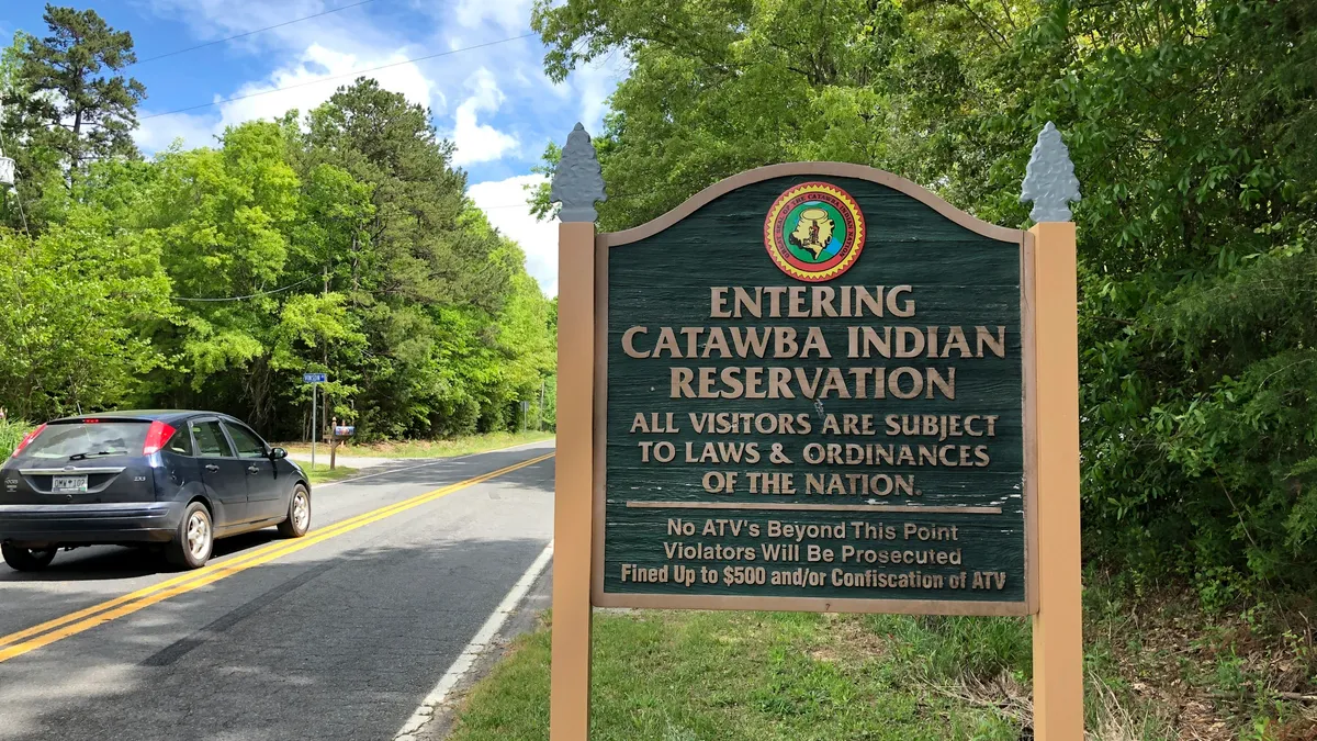 A sign stands outside the Catawba Indian Reservation in York County, South Carolina.