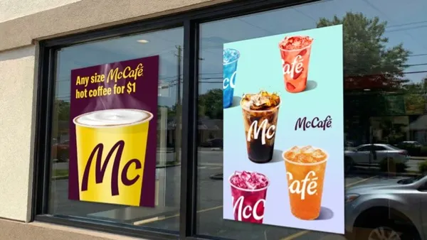 A photograph of a window with two posters that say McCafe.