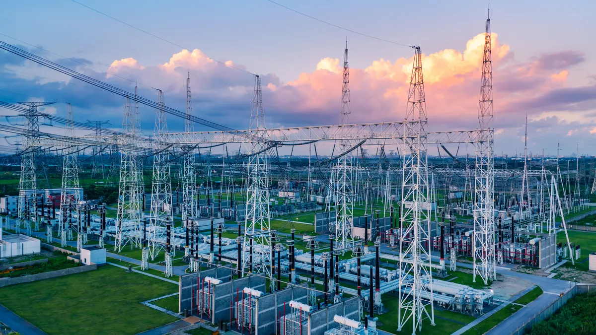 Aerial view of a high voltage substation.