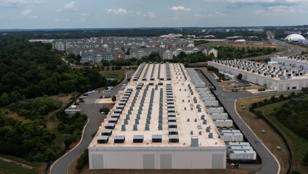 An aerial view of a large warehouse.