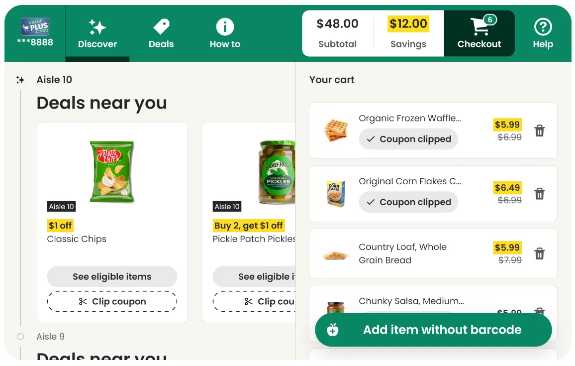 A digital screen showing clipped coupons for a grocery basket.