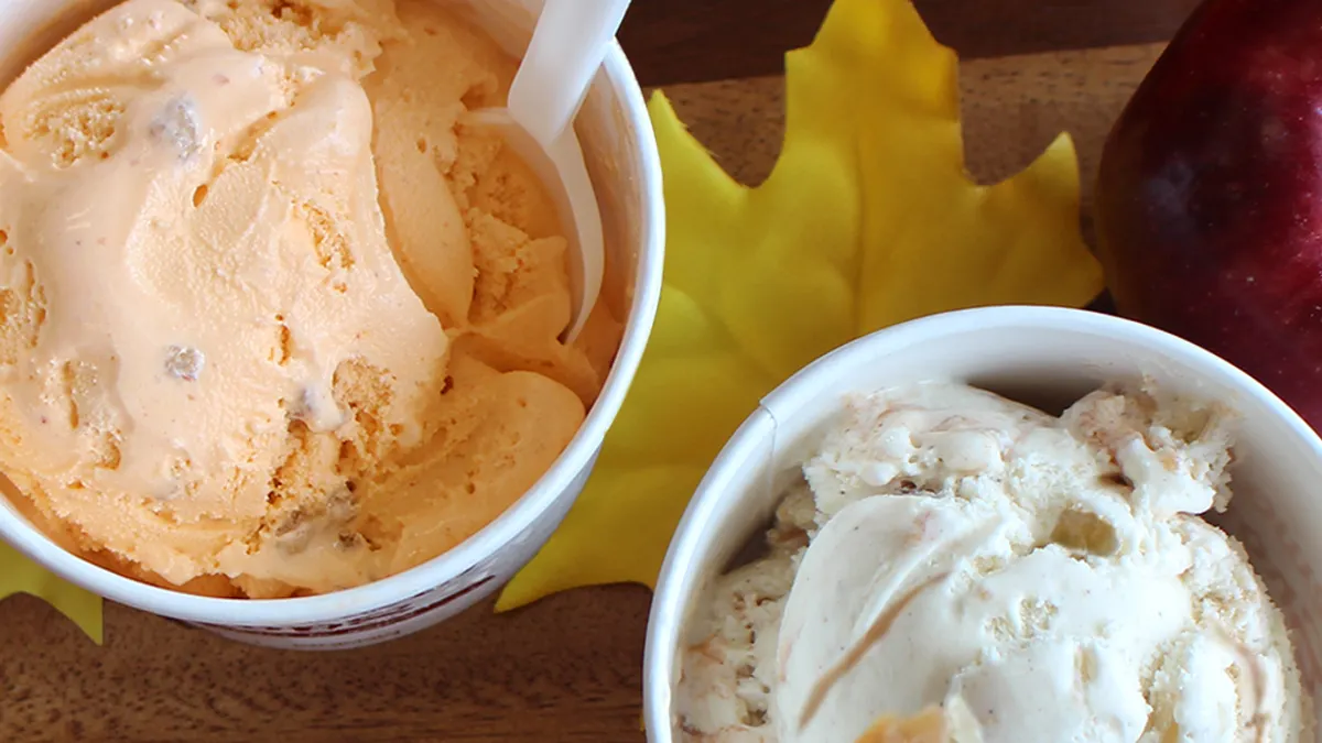 A photo of ice cream from Stewart's Shops in two cups on a table with some fall leaves.