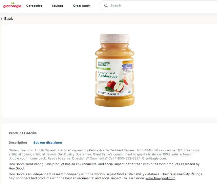 Applesauce product page on a grocer's website