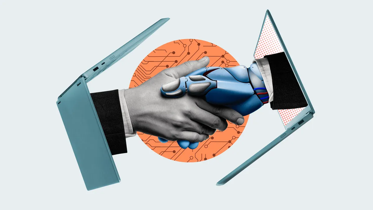 Human and robotic hands shaking through laptop screens.