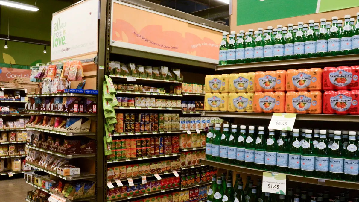 Goods on shelves in a grocery store.