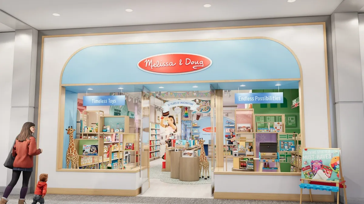 Image rendering of Melissa & Doug's first retails tore featuring a parent and child in jackets and a light blue storefront sign