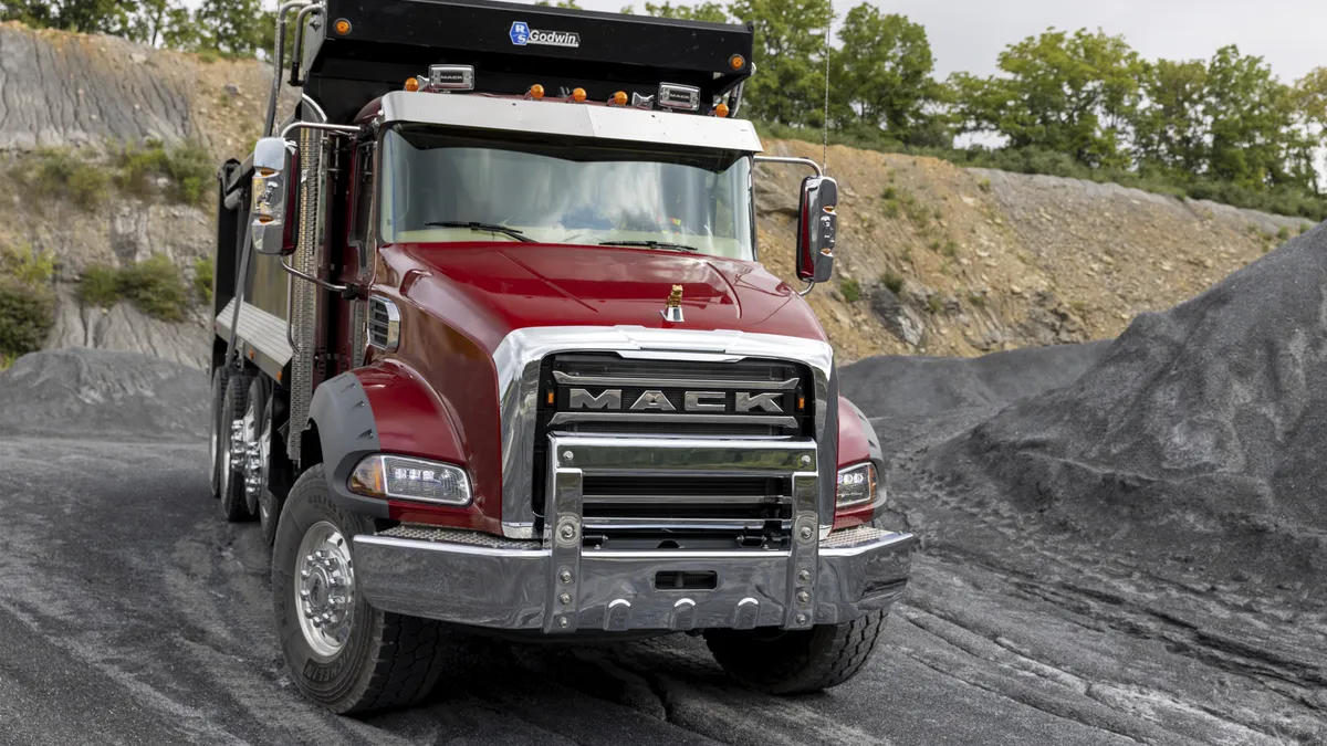 A Mack truck in a work environment.