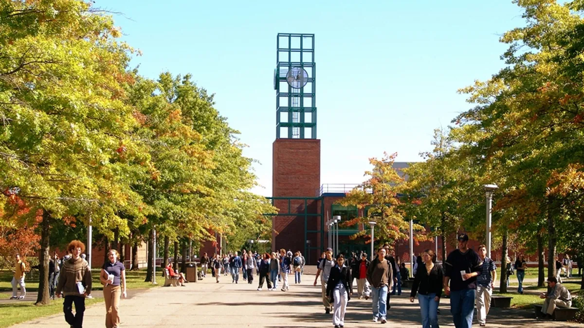 People walk on Binghamton University's campus.