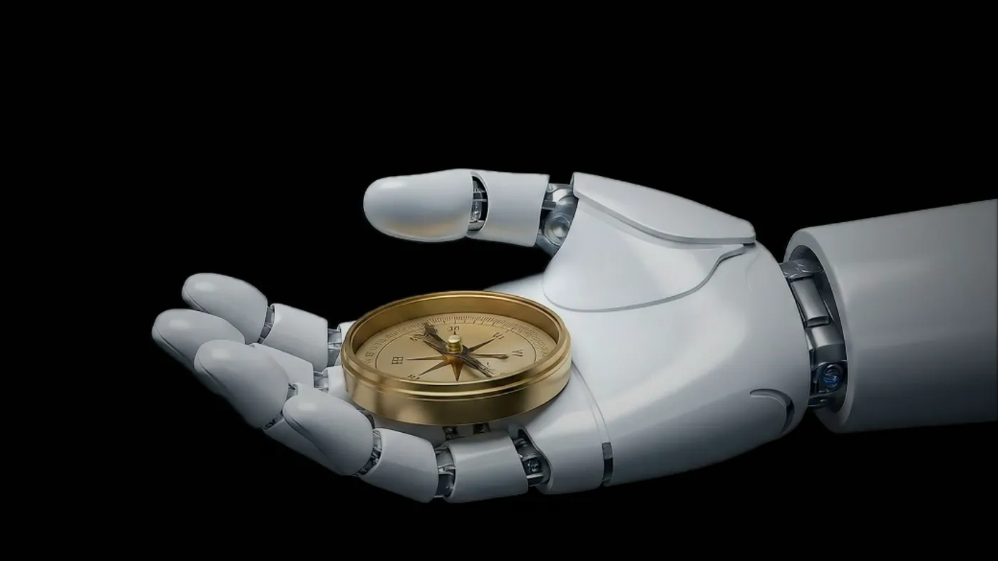 A robotic hand holding a compass.