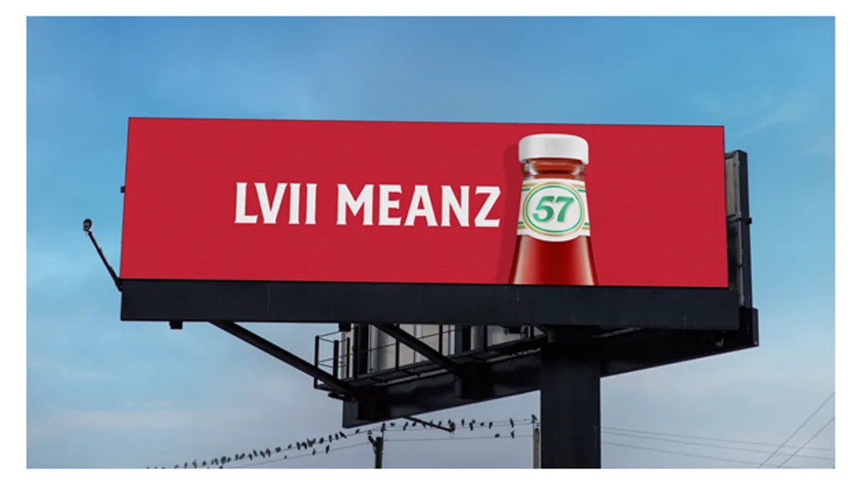 A red billboard reading LVII Meanz 57.