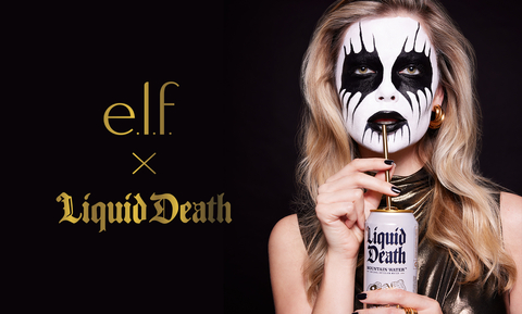 A model wearing Elf makeup for its collab with beverage brand Liquid Death