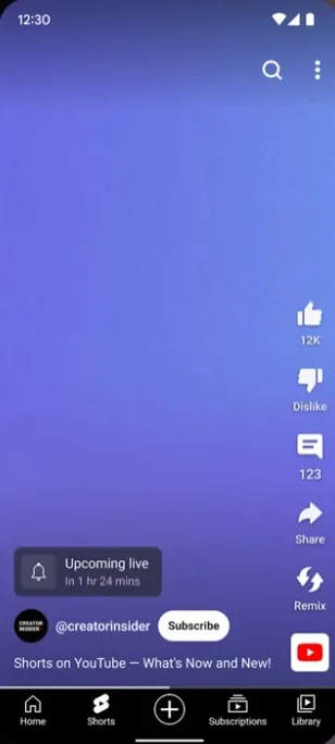 YouTube Live notifications within Shorts
